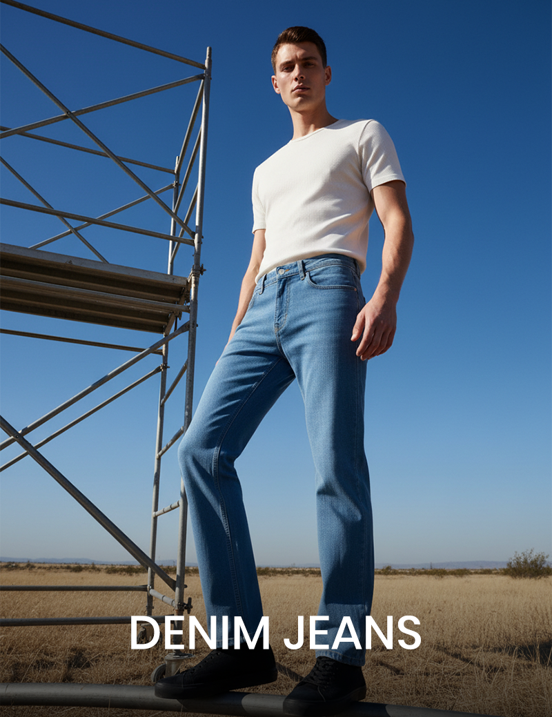 STYLOX denim styled with a white shirt against a blue sky