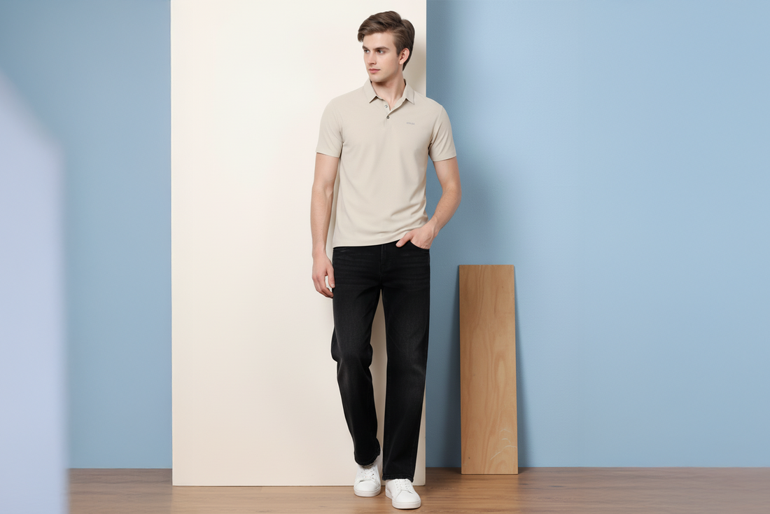 STYLOX model in a neutral polo shirt and dark denim